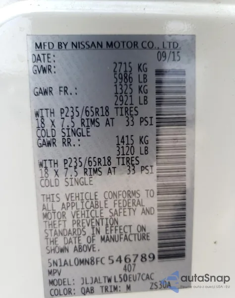 2015 Infiniti Qx60 из США, поврежденный, VIN 5N1AL0MN8FC546789